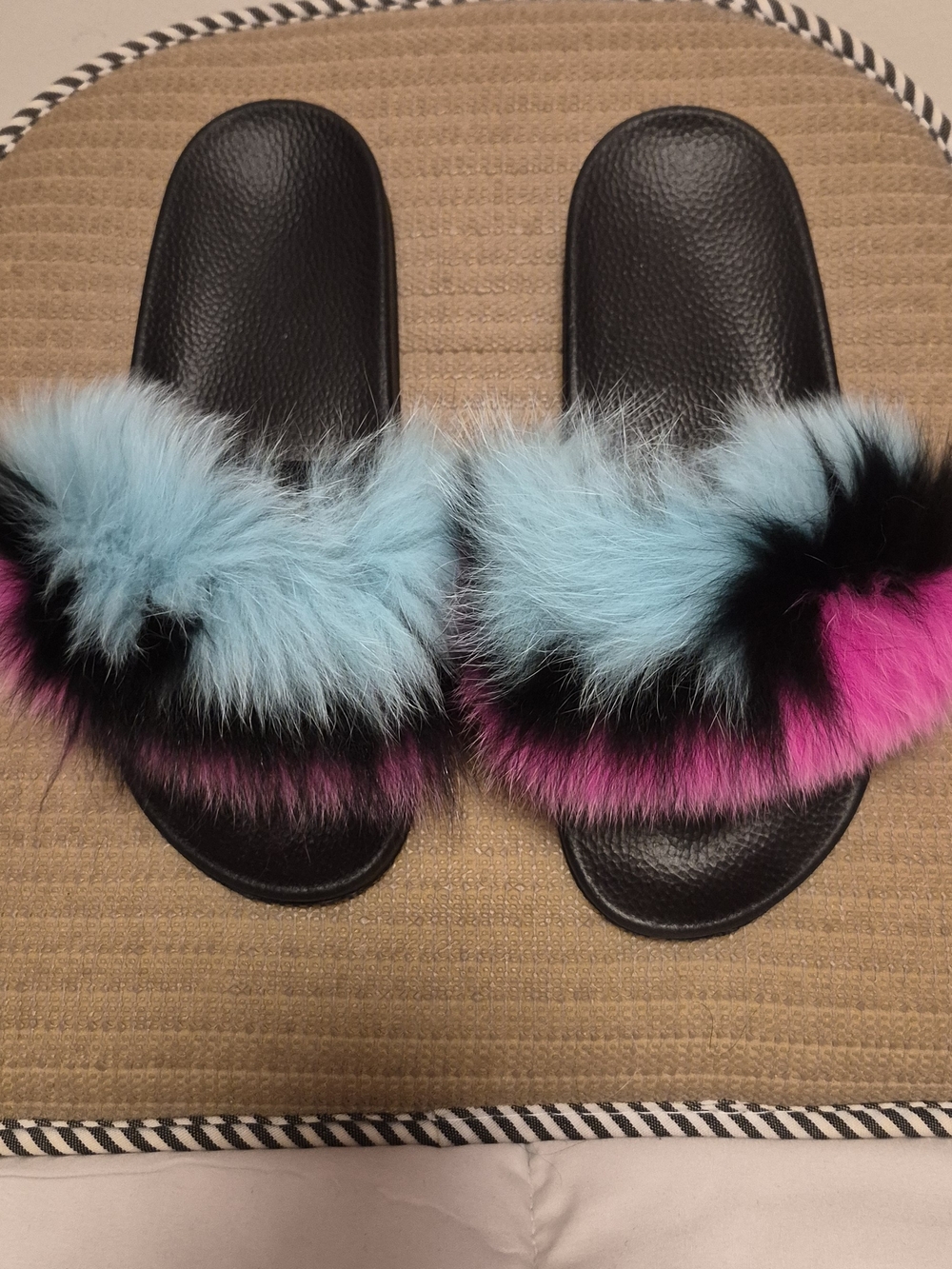 Black Slide Sandals with Aqua, Black & Hot Pink Faux-Fur Strap